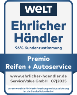 Siegel „Ehrlicher Händler 2025“ – Premio Reifen + Autoservice, 96&nbsp;% Kundenzustimmung